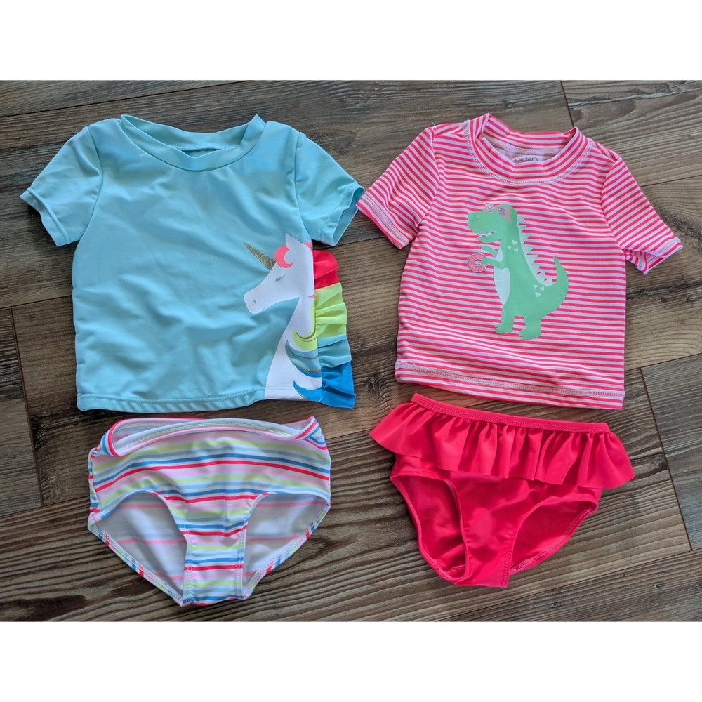 Carter's Girls 18M 4 Pc Swim Sets Shirt & Bottoms Colorful Unicorn Dino Stripes